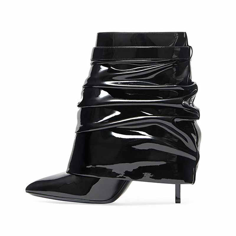 Stylish women's shark lock stiletto ankle boots in black with a sleek, patent finish