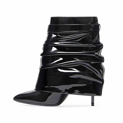 Stylish women's shark lock stiletto ankle boots in black with a sleek, patent finish