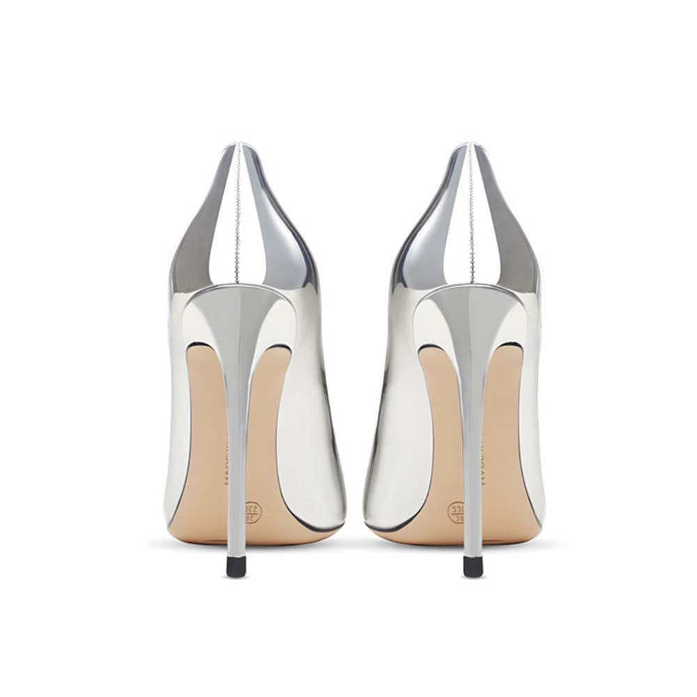 SD Dresscode women's silver patent heels with a sleek design and elegant high stiletto heels