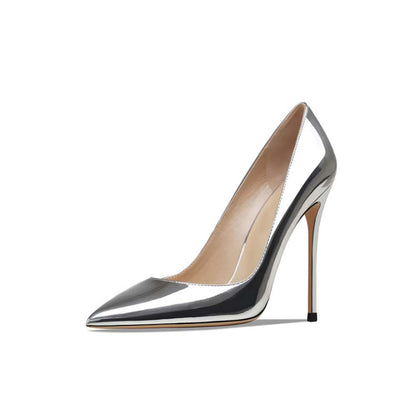 Stylish women's silver patent heels with a pointed toe and high stiletto heel