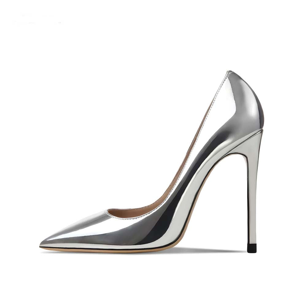 Elegant women's silver patent heels with a sleek pointed toe and high stiletto heel
