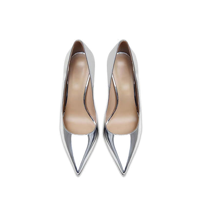 SD Dresscode women's silver patent heels with a sleek pointed toe design for elegant outfits