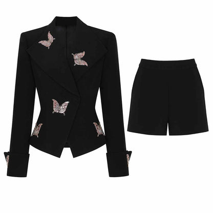 Women's single button formal shorts set with butterfly embroidery in black for stylish occasions