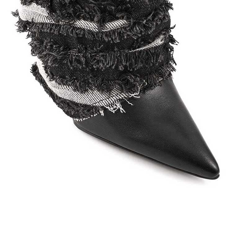 Stylish women's statement denim boots with frayed edges and pointed toe design from sd-hk