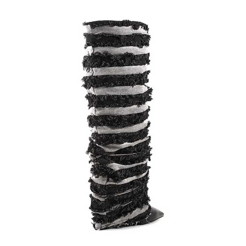 Unique women's statement denim boots with a striped design and stylish frayed details