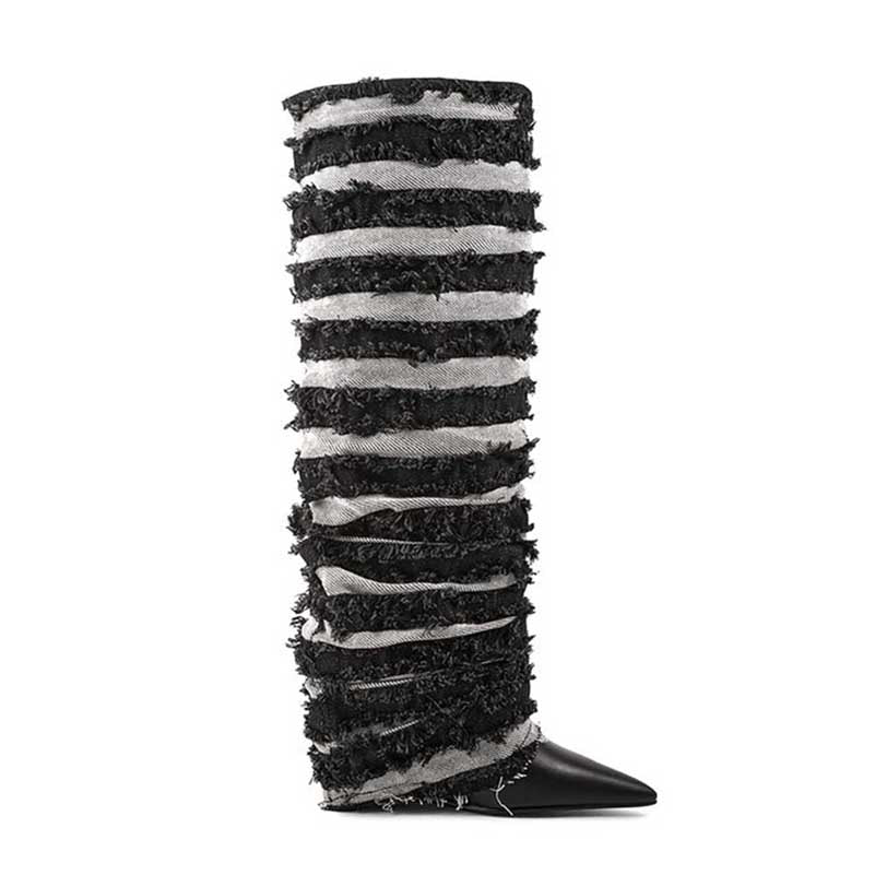 Stylish women's statement denim boots with a unique striped design and pointed toe for a bold look