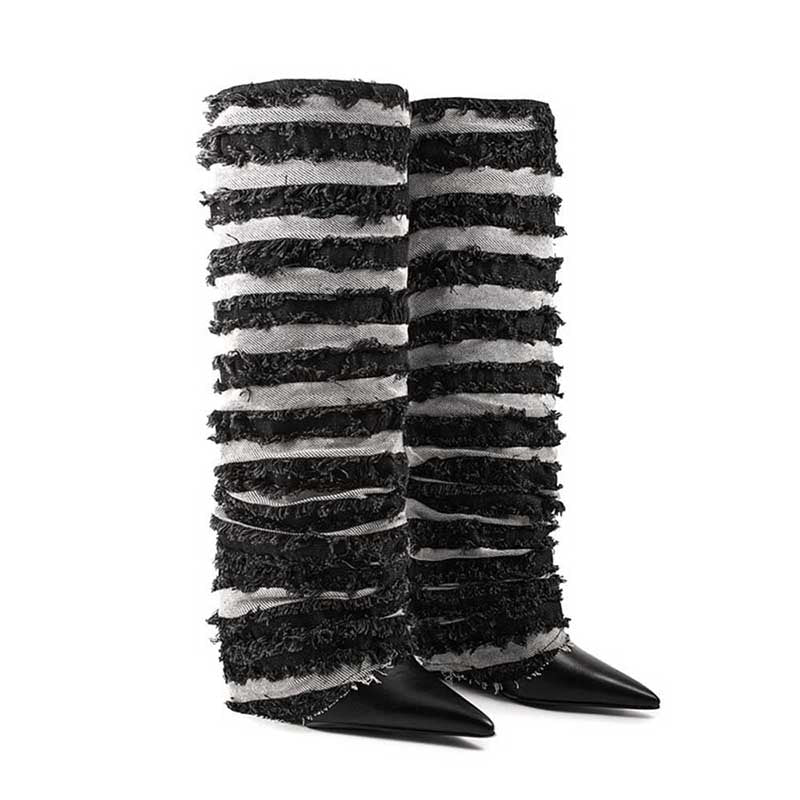 Stylish women's statement denim boots with a unique striped design and pointed toes for fashionable outfits