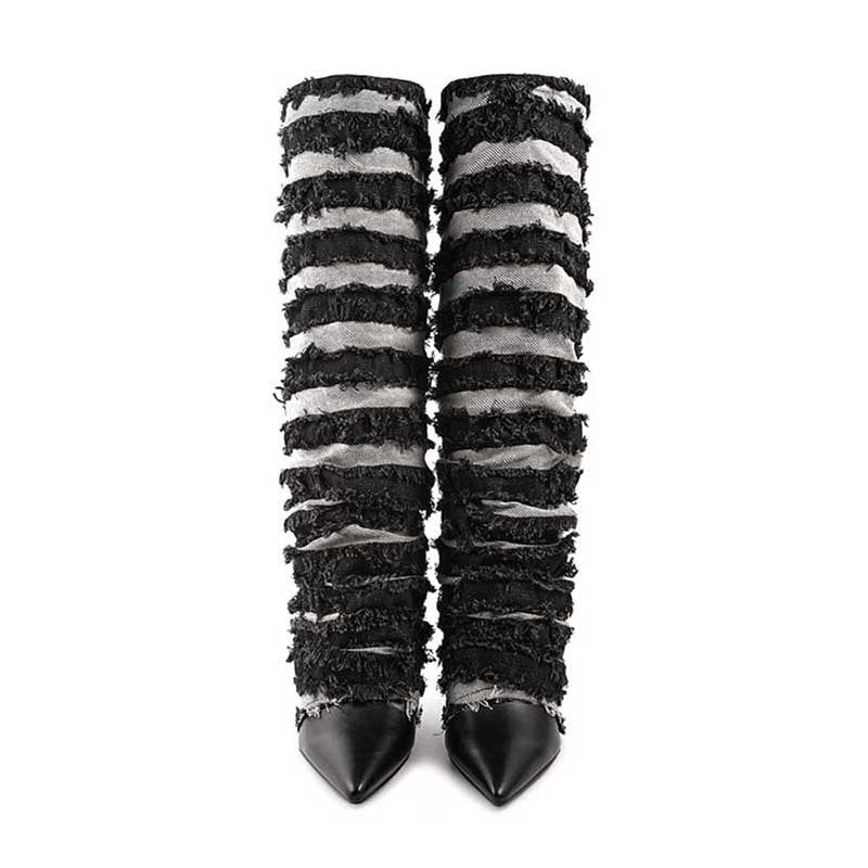 Women's statement denim boots with a unique striped design and pointed toe for a bold look