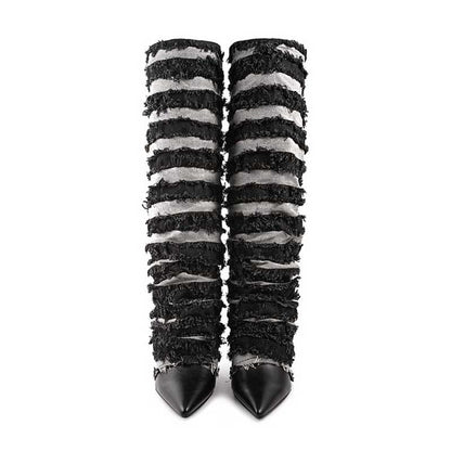 Women's statement denim boots with a unique striped design and pointed toe for a bold look