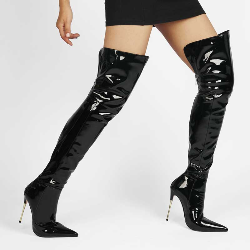 Black women's stiletto thigh high boots with shiny finish and pointed toe design for stylish looks