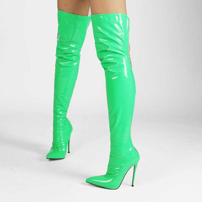Stylish women's stiletto thigh high boots in glossy green for a bold fashion statement