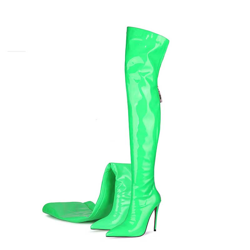 Bright green women's stiletto thigh high boots with a sleek high-shine finish for trendy looks