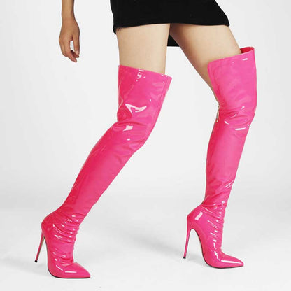 Bright pink women's stiletto thigh high boots with a sleek design and high heels