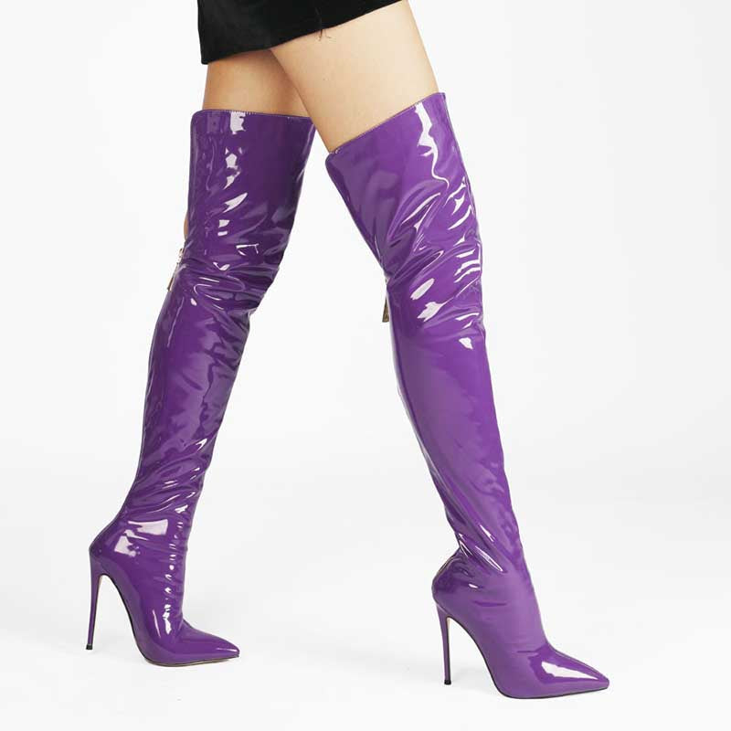 Purple Women's Stiletto Thigh High Boots with a Glossy Finish and Pointed Toe Design