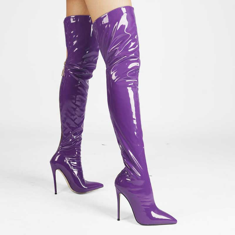 Bold purple women's stiletto thigh high boots with a sleek shiny finish for a striking look