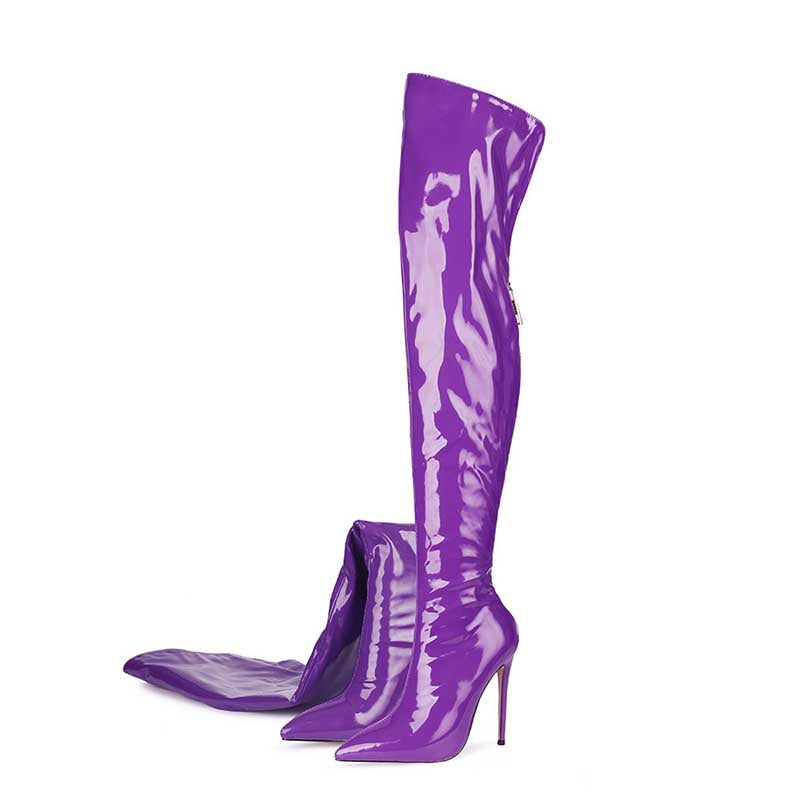 Vibrant purple women's stiletto thigh high boots with sleek glossy finish for bold fashion statements