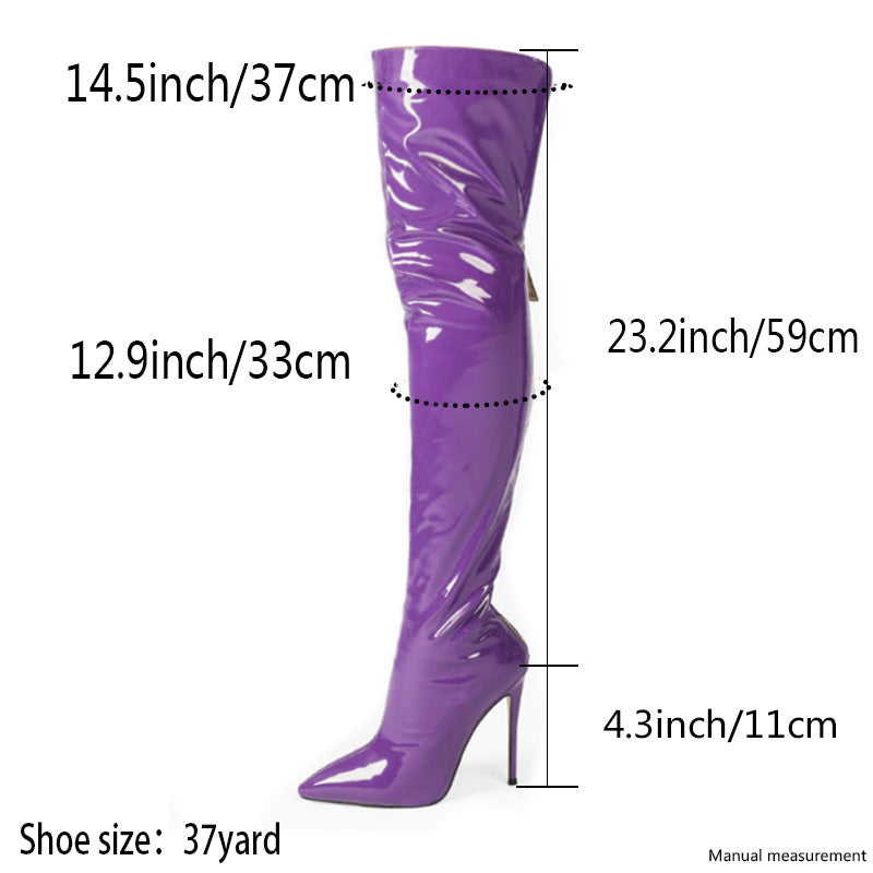 Purple women's stiletto thigh high boots with a sleek design and high heel for stylish outfits