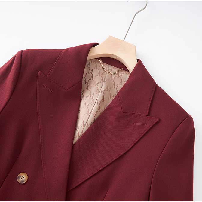 Burgundy women's straight-leg pants suit with a stylish double-breasted blazer and elegant lining