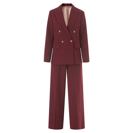 Stylish women's straight-leg pants suit in burgundy with a double-breasted blazer and wide-leg pants