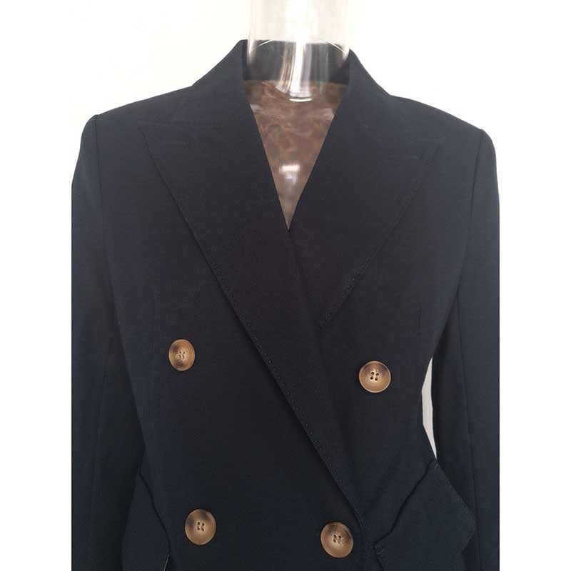Elegant women's straight-leg pants suit featuring a stylish double-breasted blazer in navy blue