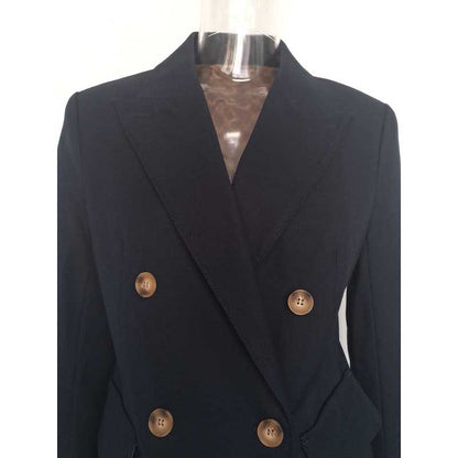Elegant women's straight-leg pants suit featuring a stylish double-breasted blazer in navy blue