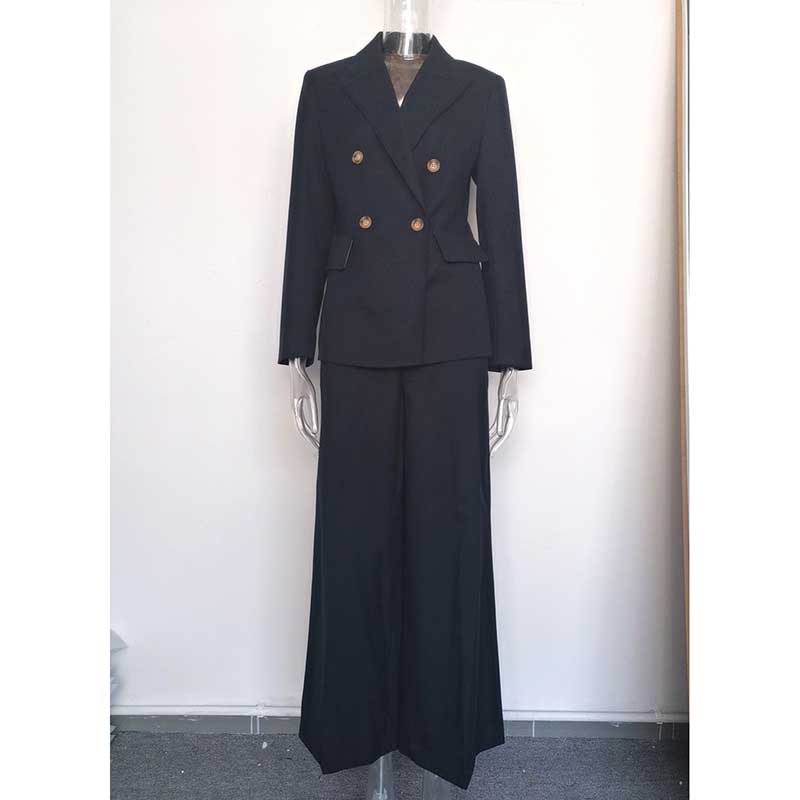 Stylish SD Dresscode women's straight-leg pants suit in black with a double-breasted blazer and wide-leg trousers