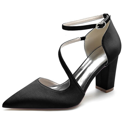 Women's strappy chunky heels in black satin with pointed toe and ankle strap design