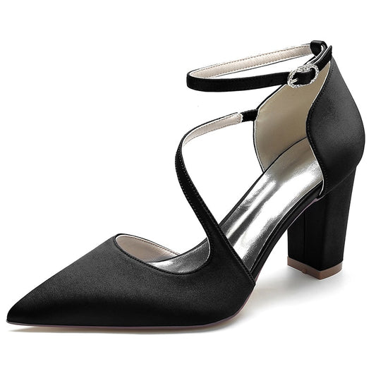 Women's strappy chunky heels in black satin with pointed toe and ankle strap design