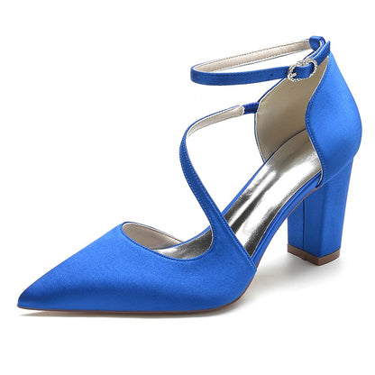 Blue women's strappy chunky heels with a pointed toe and ankle strap for elegance and comfort
