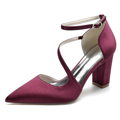 Burgundy women's strappy chunky heels with pointed toe and stylish ankle strap for elegant looks