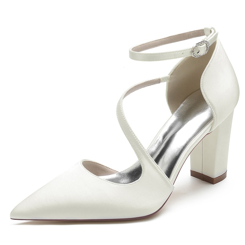 Women's strappy chunky heels in white with a pointed toe and ankle strap design