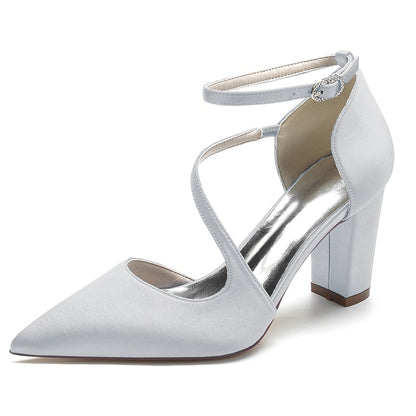 Women's strappy chunky heels in silver with ankle strap and pointed toe design