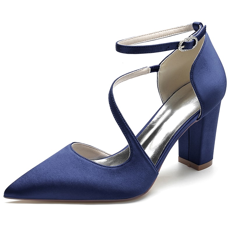 Navy women's strappy chunky heels with a pointed toe and elegant ankle strap