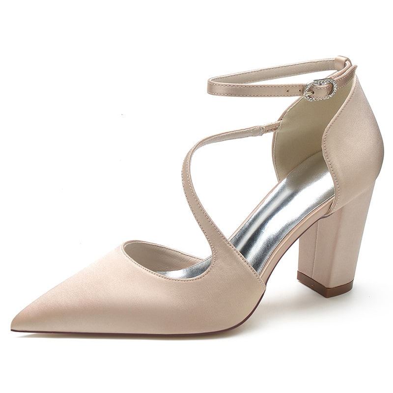 Women's strappy chunky heels in nude with pointed toe and ankle strap design