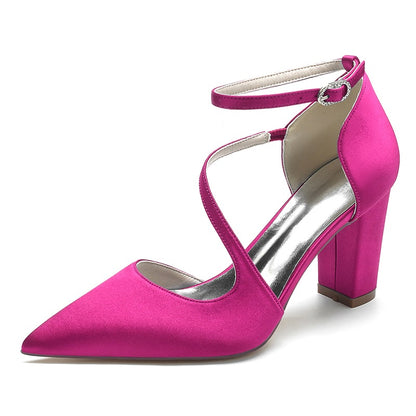 S&DCo. women's strappy chunky heels in vibrant pink with a pointed toe and ankle strap design