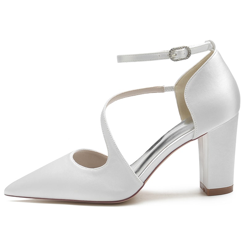 White women's strappy chunky heels with a pointed toe and ankle strap for elegant style
