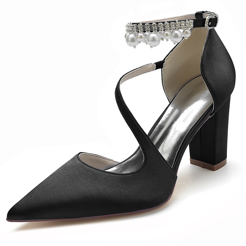Women's strappy satin chunky heels with elegant pearl detailing for formal occasions