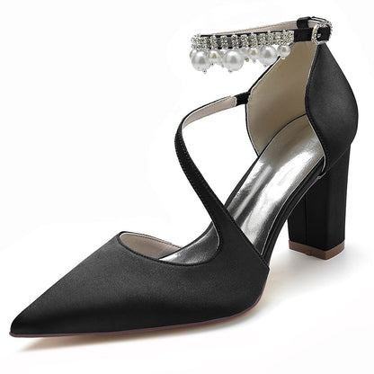 Women's strappy satin chunky heels with elegant pearl detailing for formal occasions