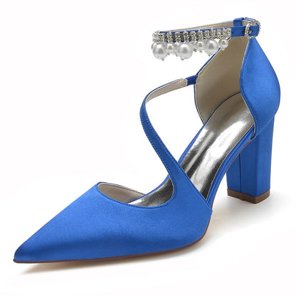 Women's strappy satin chunky heels in blue with elegant ankle embellishments
