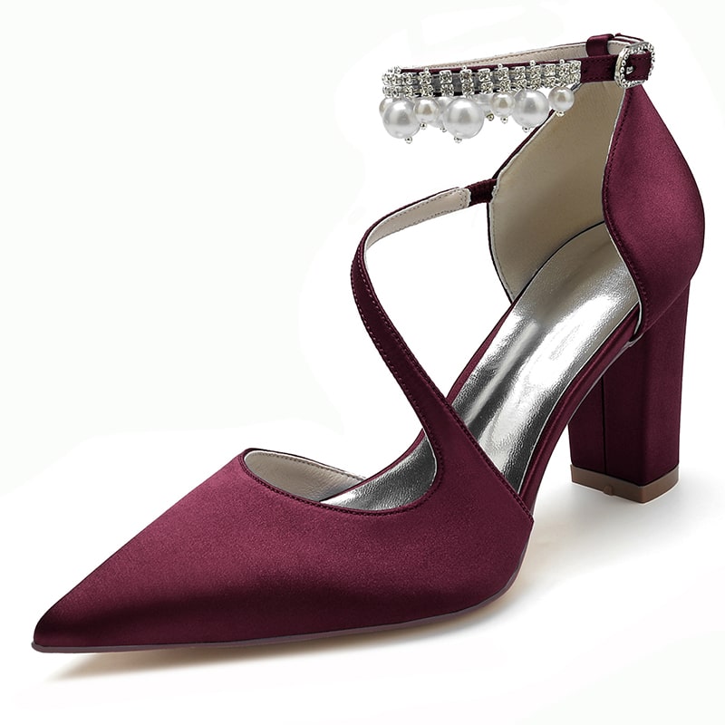 Burgundy women's strappy satin chunky heels with decorative pearl and rhinestone ankle strap