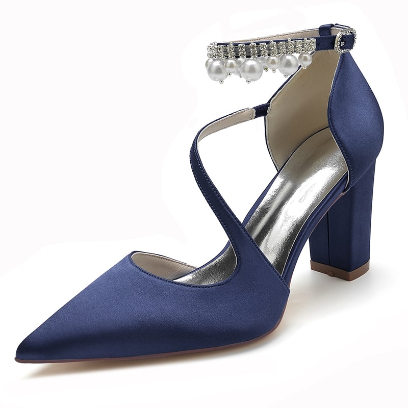 Elegant women's strappy satin chunky heels in navy blue with decorative pearl ankle strap
