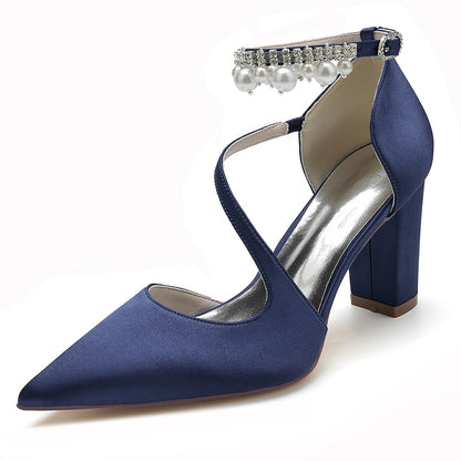 Elegant women's strappy satin chunky heels in navy blue with decorative pearl ankle strap