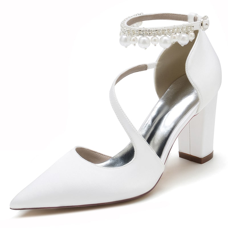 Women's strappy satin chunky heels with pearl ankle strap detail for stylish elegance