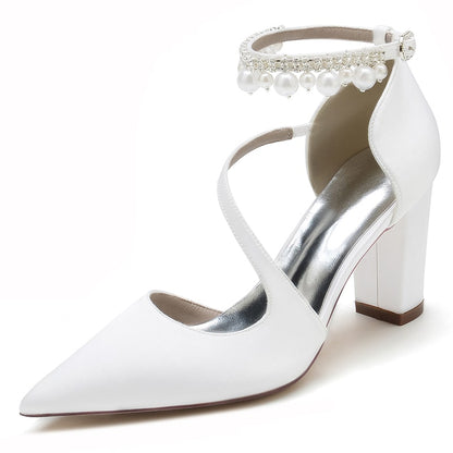 Women's strappy satin chunky heels with pearl ankle strap detail for stylish elegance