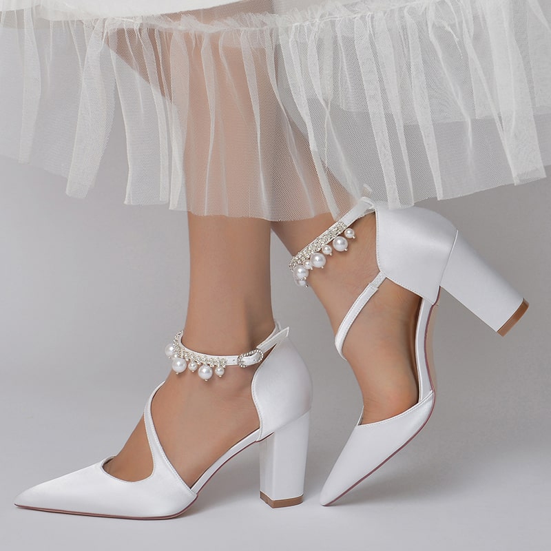Women's strappy satin chunky heels with pearl ankle embellishments for a stylish look