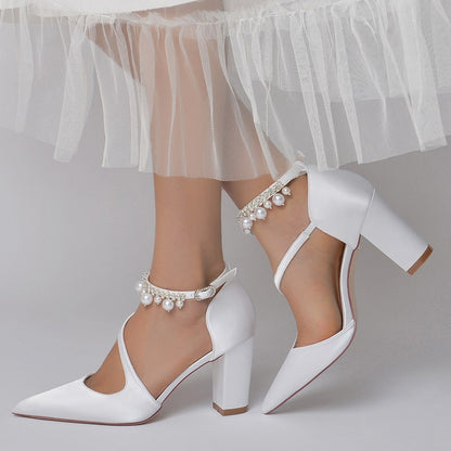 Women's strappy satin chunky heels with pearl ankle embellishments for a stylish look