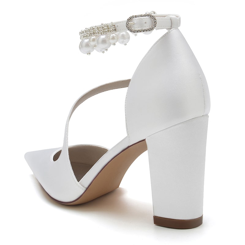 White women's strappy satin chunky heels with decorative ankle strap and elegant design