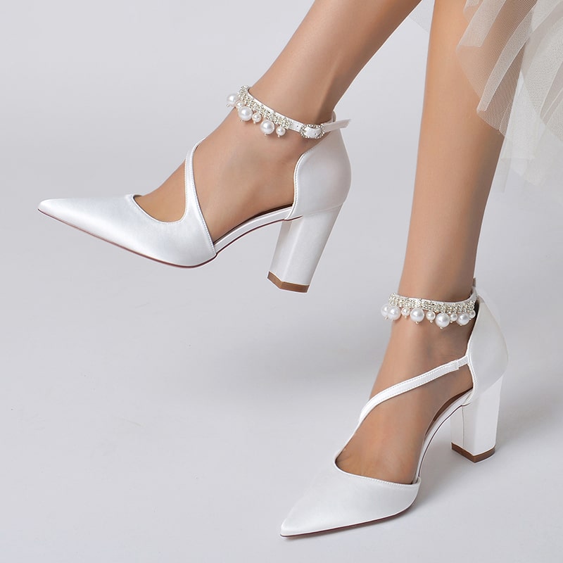 Elegant women's strappy satin chunky heels with pearl ankle straps, perfect for formal occasions