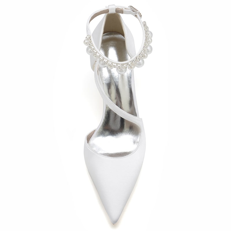 Women's strappy satin chunky heels with decorative pearl ankle strap in white
