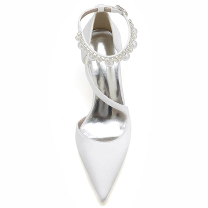Women's strappy satin chunky heels with decorative pearl ankle strap in white